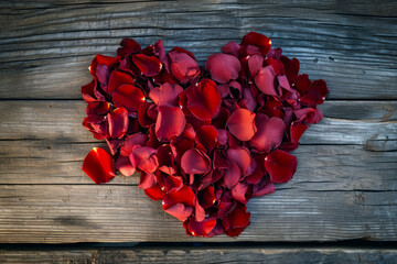 Valentine's Day display of red rose petals arranged on a wooden table top in the shape of a heart