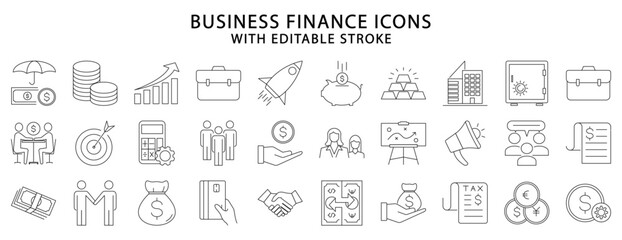 Business Finance icons. Business finance icon set. Line icons related to business icons. Vector illustration. Editable stroke.