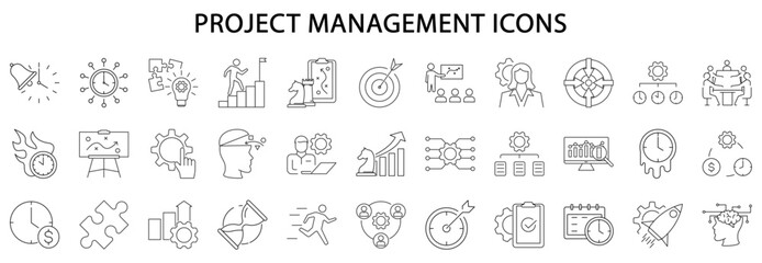 Project Management icons. Project management icon set. Line icons related to project management. Vector illustration. Editable stroke. - obrazy, fototapety, plakaty