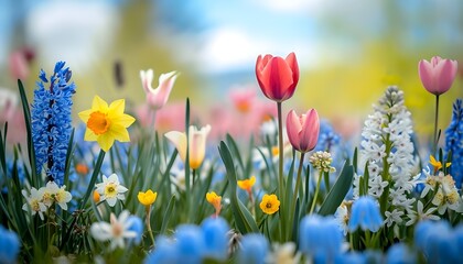 Beautiful field of spring flowers with narcissus, tulips and muscari - obrazy, fototapety, plakaty