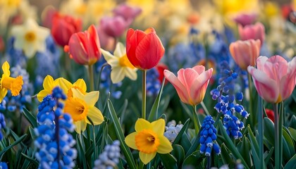 Beautiful field of spring flowers with narcissus, tulips and muscari - obrazy, fototapety, plakaty