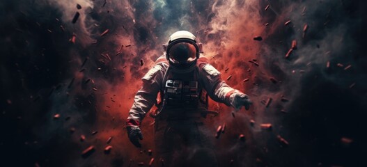 Astronaut in space suit with cosmic debris explosion. Space exploration. Banner.