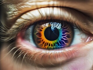 Perfect colorful eye macro in a sterile environment. Close up of an eye for themes of vision care, healthy life, perception, and technology. AI-generated eye. View precise and straight to the target