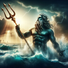 Mythological poseidon figure, underwater kingdom ruler. Greek god POSEIDON - obrazy, fototapety, plakaty