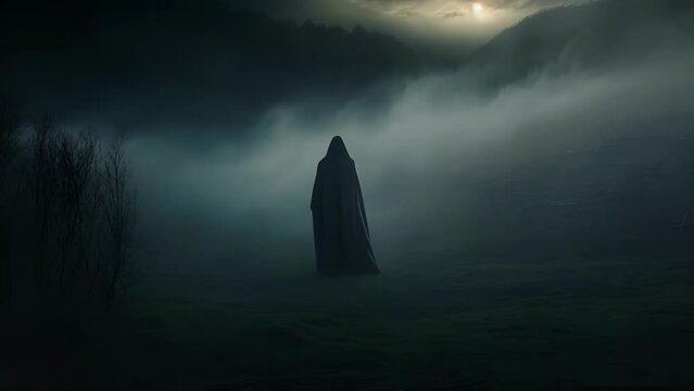 A fogfilled landscape where a cloaked figure peers from the shadows its eye sockets glowing an ethereal grey.