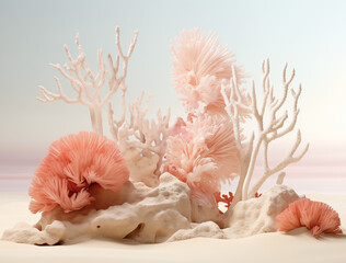 coral and shells.Minimal nature concept.Copy space,top view.Generative Ai
