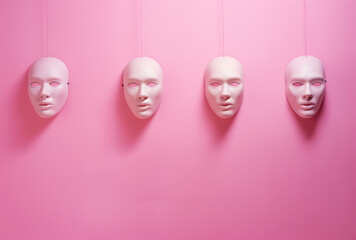 Porcelain masks.Minimal creative art and interior concept.Copy space,top view.Generative AI