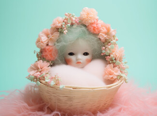 Fototapeta premium baby doll in a basket.Minimal creative toy concept.Top view,copy space.Generative Ai
