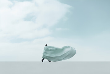 Man draped in a large swirling blanket, fluttering in the wind.Minimal creative nature and fashion concept.Top view,copy space.Generative AI