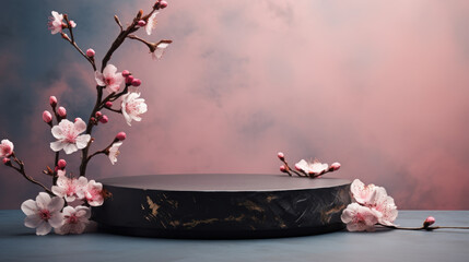 Empty Rock Podium with Sakura branches of blossoming against nature background. Made of natural scene for advertising, banner or product presentation organic cosmetic and food. Generative AI