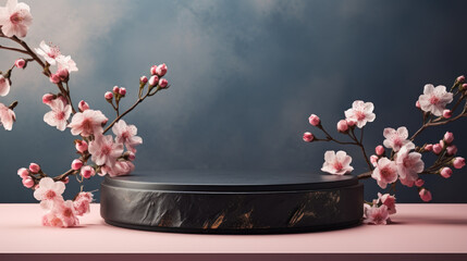 Empty Rock Podium with Sakura branches of blossoming against nature background. Made of natural scene for advertising, banner or product presentation organic cosmetic and food. Generative AI