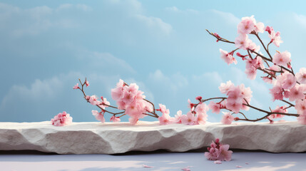 Empty Rock Podium with Sakura branches of blossoming against nature background. Made of natural scene for advertising, banner or product presentation organic cosmetic and food. Generative AI - obrazy, fototapety, plakaty