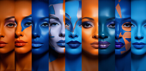 Obraz premium a montage of women's faces and makeup, ultraviolet photography, softbox lighting, precision painting.Minimal creative art and paint concept.Generative AI