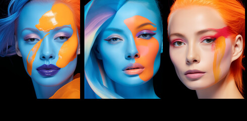 a montage of women's faces and makeup, ultraviolet photography, softbox lighting, precision painting.Minimal creative art and paint concept.Generative AI