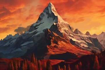 Foto op Plexiglas Beautiful mountain landscape in the sunset time,  Digital painting illustration © Windswept