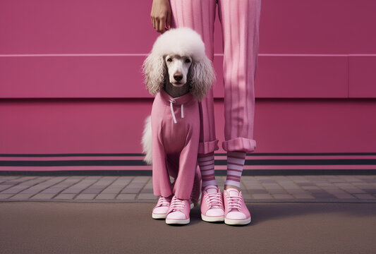 girl with a fashionable dog in sneakers.Minimal creative fashion concept.Copy space,top view.Generative AI