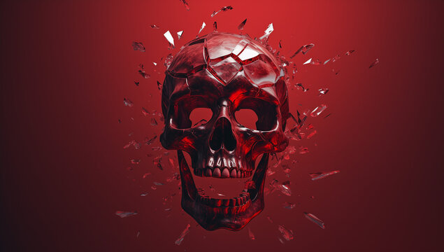Cracked red  skull Minimal creative nature concept.Flat lay,top view,copy space.Generative AI