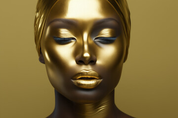 portrait of a woman with golden makeup.Minimal creative fashion concept.Top view,copy space.Generative Ai