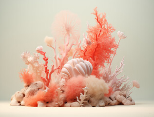 coral and shells.Minimal nature concept.Copy space,top view.Generative Ai