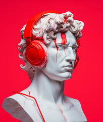 Statue with headphones.Minimal creative art and technical concept.Top view.Copy space.Generative AI