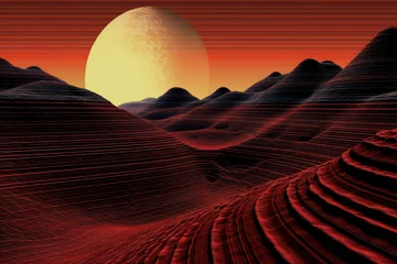Papier Peint photo Rouge violet Sunrise in desert landscape,   rendering,   digital drawing