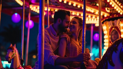 cute young beautiful couple guy and girl riding on merry go round carousel horses together in an amusement park in the dark evening night having romantic and fun. wallpaper background 16:9 - obrazy, fototapety, plakaty
