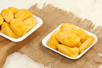 Ripe jackfruit peeled or buah nangka ,tropical fruit on white background