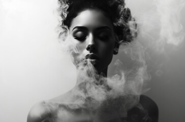 Black and white photo portrait of a person with a cigarette smoke.Minimal environment and health concept.Copy space,top view.Generative Ai