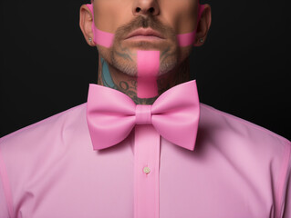 man with pink tie,tattoos and make up.Minimal creative fashion concept.Copy space.Generative AI