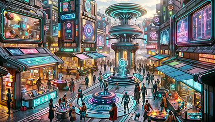 Fototapeta premium Futuristic Marketplace Bustle