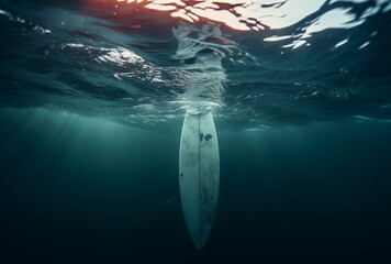 Underwater surfboard.Minimal sport and nature concept.Generative AI