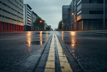 Fototapeta premium Wet rainy street in the city.Minimal trafic concept.Flat lay,top view,copy space.Generative Ai