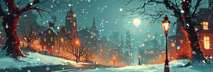 a city and square at night of snow with light lantern