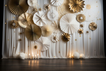 Luxurious backdrop curtain with arrangements and gold decor. Photo-wall decoration for celebrate, wedding, birthday, holiday, graduation party. Beautiful decorative celebration concept. Generative AI