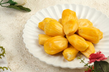 Ripe jackfruit peeled or buah nangka ,tropical fruit on white background