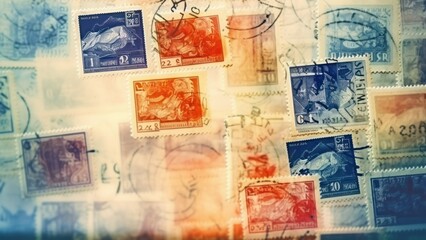 A Collage of Vintage Postage Stamps with Artistic Bokeh Effect, Horizontal Wallpaper Background
 - obrazy, fototapety, plakaty