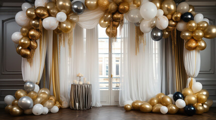 Luxurious backdrop curtain with balloons, arrangements and decor. Photo-wall decoration for celebrate, wedding, birthday, holiday party. Beautiful decorative celebration concept. Generative AI