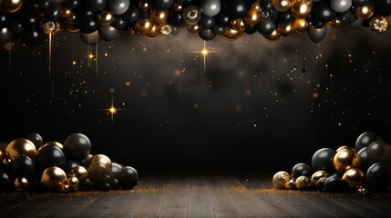 Fototapeta premium Luxurious backdrop room with balloons, arrangements and decor. Photo-wall decoration for celebrate, wedding, birthday, holiday party. Beautiful decorative celebration concept. Generative AI