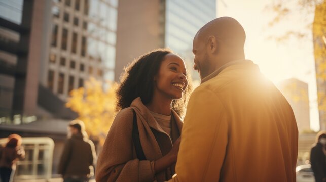 Young African American couple smiling and in love, enjoying the city together. Generative AI.