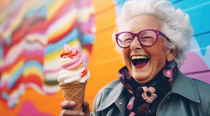 A joyful senior woman with glasses enjoying an ice cream cone. Generative AI.
