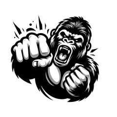 Vector logo of a raging gorilla doing a fist punch. Professional logo of a mad kong. Black and white logo of an ape isolated on a white background.