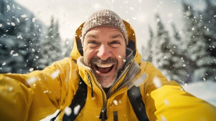Fototapeta premium A joyful man captures a snowy selfie in his vibrant yellow jacket. Generative AI.