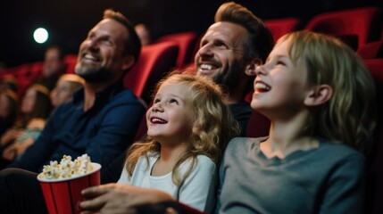 A family captivated by a movie, enjoying snacks together at the cinema. Generative AI. - obrazy, fototapety, plakaty