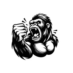 Vector logo of a raging gorilla doing a fist punch. Professional logo of a mad kong. Black and white logo of an ape isolated on a white background. © Rifqi Chandra