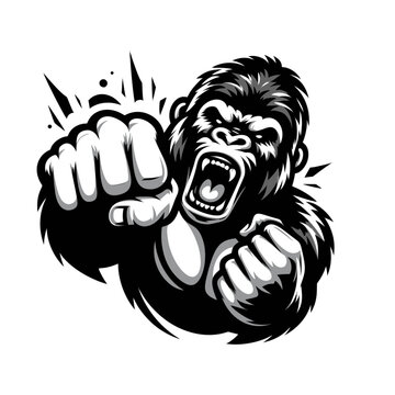 Vector logo of a raging gorilla doing a fist punch. Professional logo of a mad kong. Black and white logo of an ape isolated on a white background.
