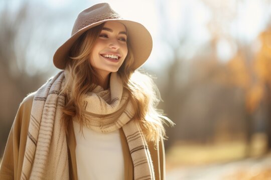 A beautiful woman in a hat and scarf smiling warmly. Generative AI.