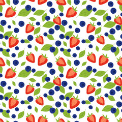 Bright berry pattern of strawberry and blueberry with mint leaves, fruit pattern. Seamless pattern of summer spring forest berries, fruit mix, red and blue, vector flat illustration.