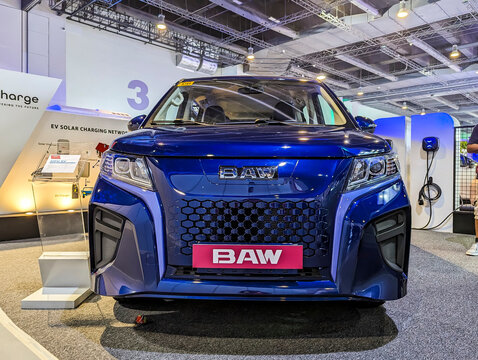 Manila, Philippines - Oct 21, 2023: A BAW MPV Passenger EV on display at an expo.
