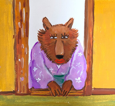 旅館の部屋の入り口で、オオカミの女将が挨拶をしている水彩、手描き、イラスト