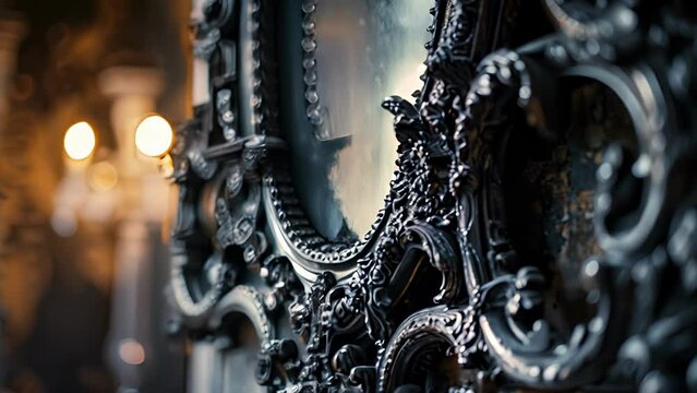 The intricate carvings on the frame of the gothic mirror seemed to glow with an otherworldly aura, beckoning me to gaze into its depths and uncover the secrets that lay within. Fantasy animatio